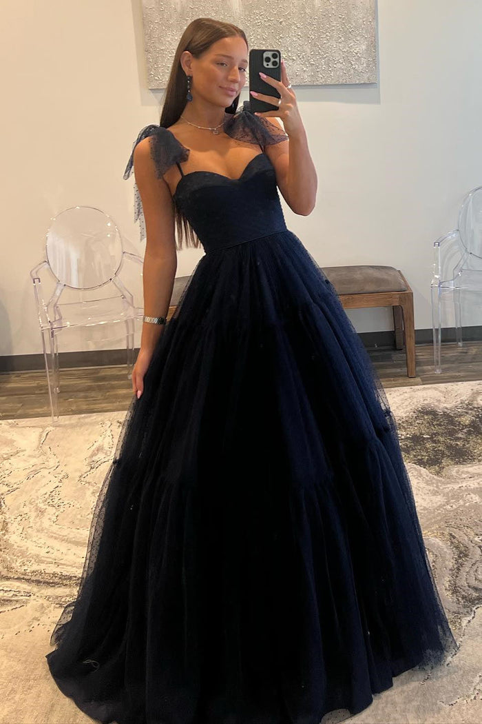 Luolandi A Line Straps Prom Dress Open Back Tulle Evening Dresses Floor Length Black Sexy